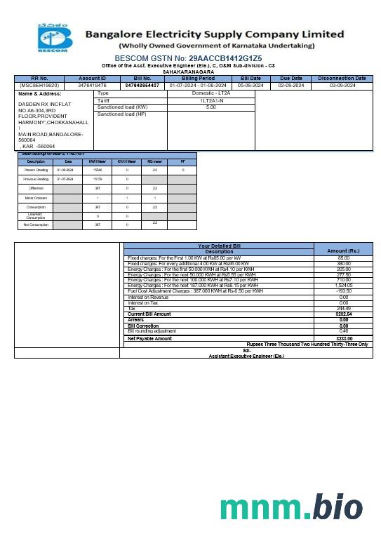 INDIA BESCOM rachunek za usługi komunalne Word and PDF template-các trang đã xóa